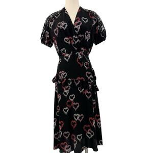 Sandro Paris Midi Silk Dress Floral Heart Print Short Sleeve Lace Insert | Small